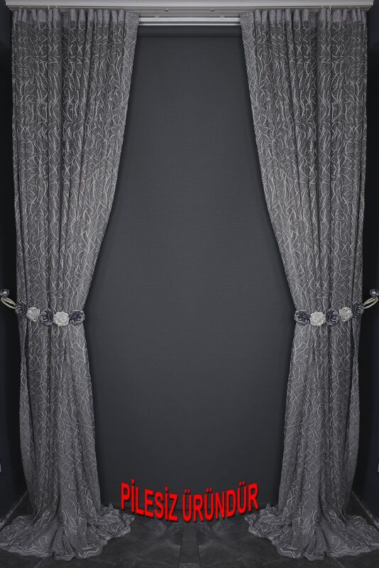 ÇALI MODEL GRİ RENK TEK KANAT PİLESİZ Hazır dikilmiş Fon Perde 150*260 cm - 10