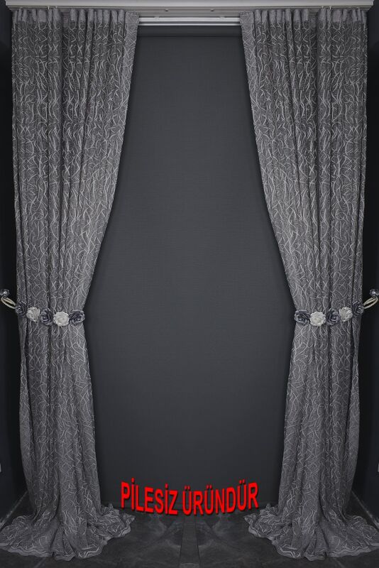 ÇALI MODEL GRİ RENK TEK KANAT PİLESİZ Hazır Fon Perde 200*260 cm - 10