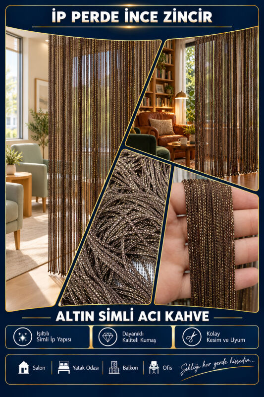 İP PERDE ÖZEL SERİ ALTIN SİMLİ İNCE ZİNCİR ACI KAHVE RENK (100 * 300) KORNİŞ VE RUSTİK KULLANIM - 3