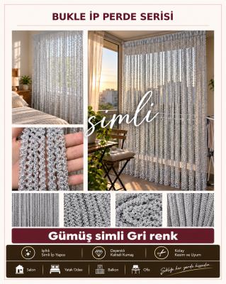 İP PERDE ÖZEL SERİ BUKLE GÜMÜŞ SİMLİ GRİ RENK (KORNİŞ+RUSTİK) EN 100 CM BOY 300 CM - 2