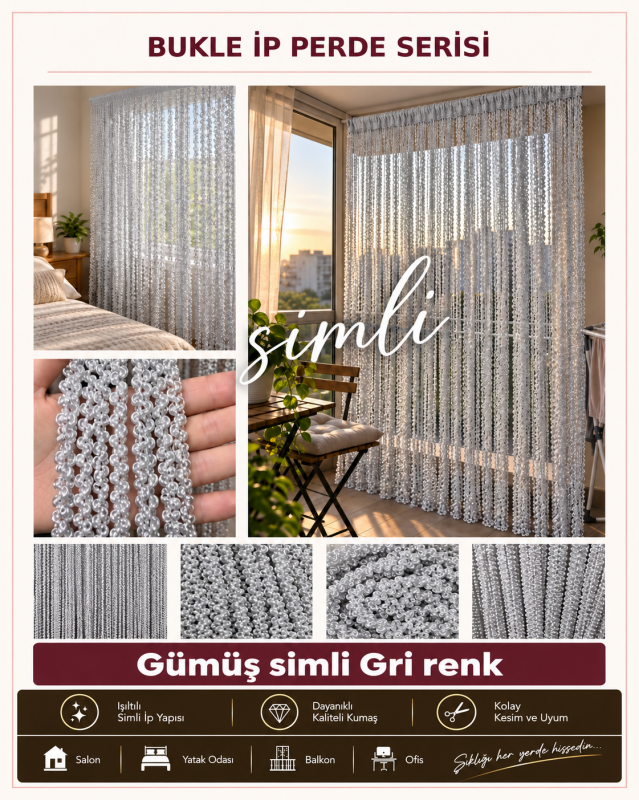 İP PERDE ÖZEL SERİ BUKLE GÜMÜŞ SİMLİ GRİ RENK (KORNİŞ+RUSTİK) EN 100 CM BOY 300 CM - 2