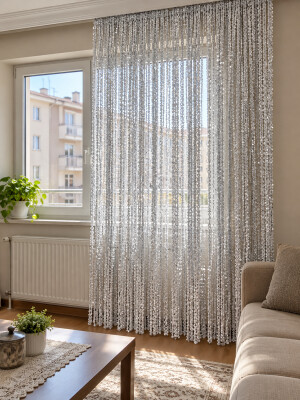İP PERDE ÖZEL SERİ BUKLE GÜMÜŞ SİMLİ GRİ RENK (KORNİŞ+RUSTİK) EN 100 CM BOY 300 CM - 3