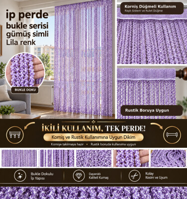 İP PERDE ÖZEL SERİ BUKLE GÜMÜŞ SİMLİ LİLA RENK (KORNİŞ+RUSTİK) EN 100 CM BOY 300 CM - AKÇA TEKSTİL