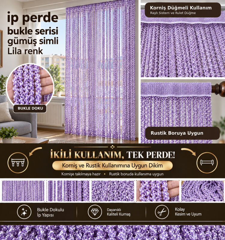 İP PERDE ÖZEL SERİ BUKLE GÜMÜŞ SİMLİ LİLA RENK (KORNİŞ+RUSTİK) EN 100 CM BOY 300 CM - 1