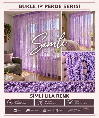 İP PERDE ÖZEL SERİ BUKLE GÜMÜŞ SİMLİ LİLA RENK (KORNİŞ+RUSTİK) EN 100 CM BOY 300 CM - 2