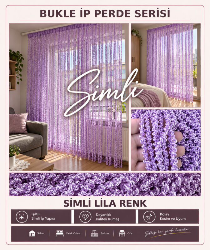 İP PERDE ÖZEL SERİ BUKLE GÜMÜŞ SİMLİ LİLA RENK (KORNİŞ+RUSTİK) EN 100 CM BOY 300 CM - 2
