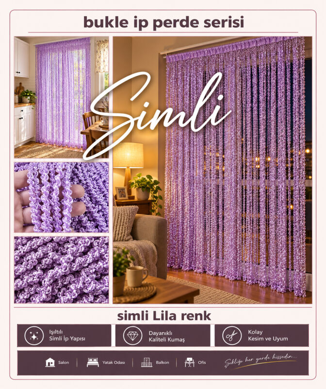 İP PERDE ÖZEL SERİ BUKLE GÜMÜŞ SİMLİ LİLA RENK (KORNİŞ+RUSTİK) EN 100 CM BOY 300 CM - 3