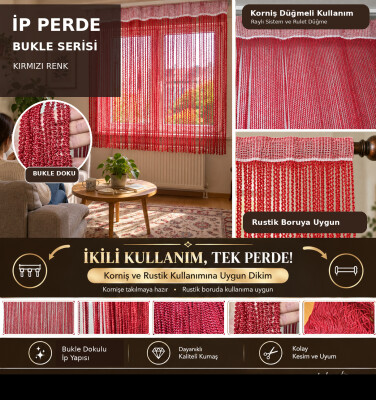 İP PERDE ÖZEL SERİ BUKLE KIRMIZI RENK (KORNİŞ+RUSTİK) EN 100 CM BOY 300 CM - AKÇA TEKSTİL