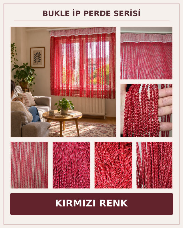 İP PERDE ÖZEL SERİ BUKLE KIRMIZI RENK (KORNİŞ+RUSTİK) EN 100 CM BOY 300 CM - 2