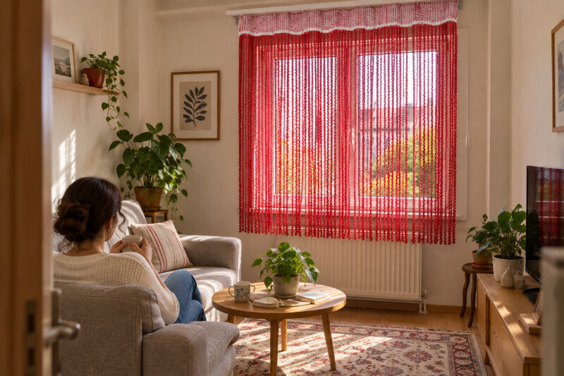 İP PERDE ÖZEL SERİ BUKLE KIRMIZI RENK (KORNİŞ+RUSTİK) EN 100 CM BOY 300 CM - 6