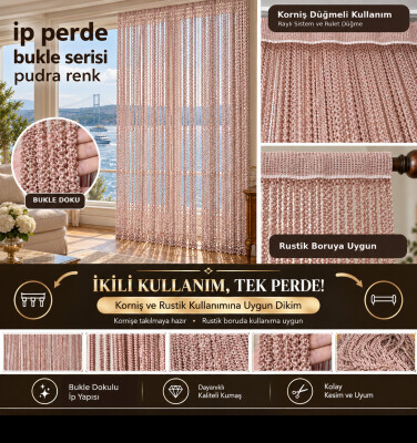 İP PERDE ÖZEL SERİ BUKLE PUDRA RENK (KORNİŞ+RUSTİK) EN 100 CM BOY 300 CM - AKÇA TEKSTİL