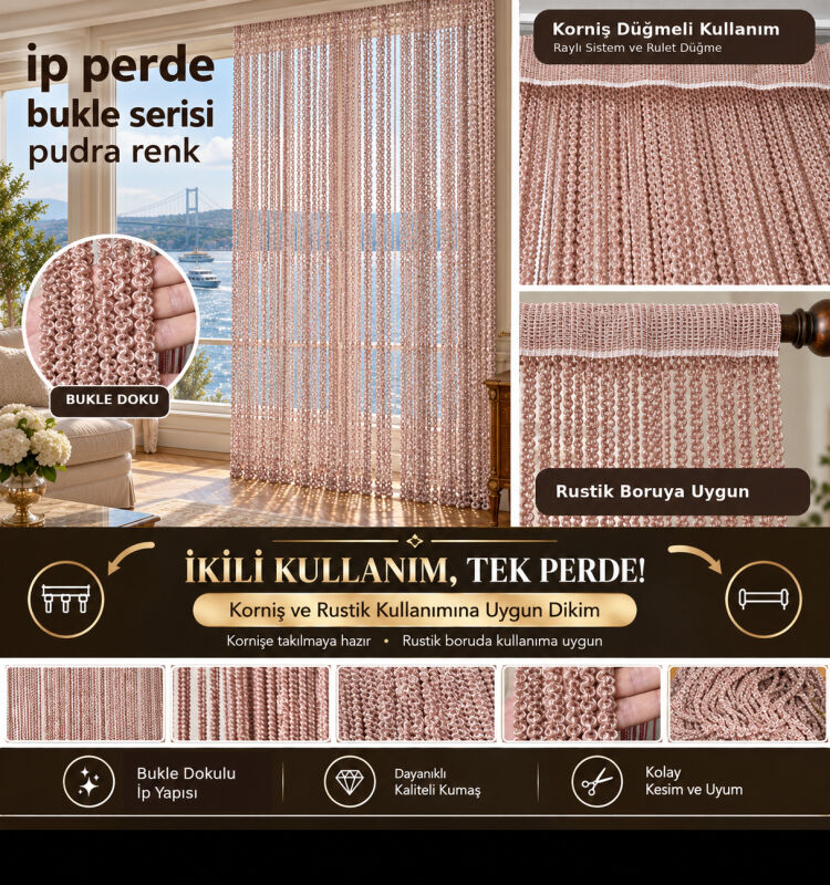 İP PERDE ÖZEL SERİ BUKLE PUDRA RENK (KORNİŞ+RUSTİK) EN 100 CM BOY 300 CM - 1