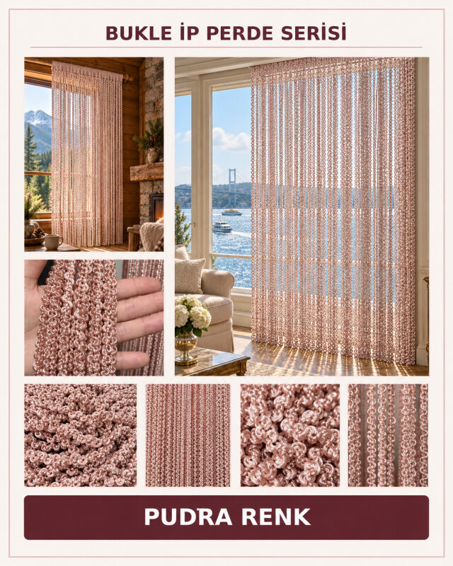 İP PERDE ÖZEL SERİ BUKLE PUDRA RENK (KORNİŞ+RUSTİK) EN 100 CM BOY 300 CM - 2