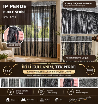 İP PERDE ÖZEL SERİ BUKLE SİYAH RENK (KORNİŞ & RUSTİK) EN 100 CM BOY 300 CM - AKÇA TEKSTİL
