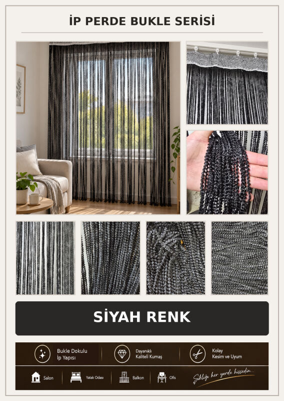 İP PERDE ÖZEL SERİ BUKLE SİYAH RENK (KORNİŞ & RUSTİK) EN 100 CM BOY 300 CM - 2