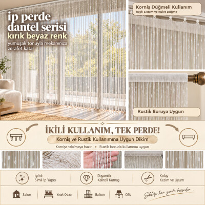 İP PERDE ÖZEL SERİ DANTEL KIRIK BEYAZ RENK (100 * 300) KORNİŞ VE RUSTİK KULLANIM - AKÇA TEKSTİL