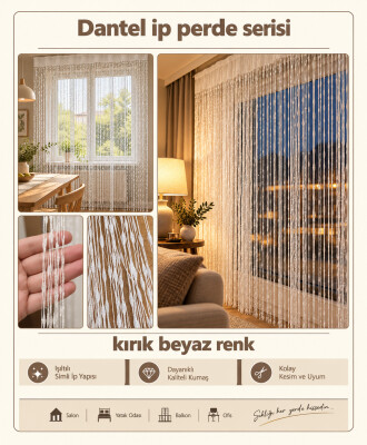 İP PERDE ÖZEL SERİ DANTEL KIRIK BEYAZ RENK (100 * 300) KORNİŞ VE RUSTİK KULLANIM - 2