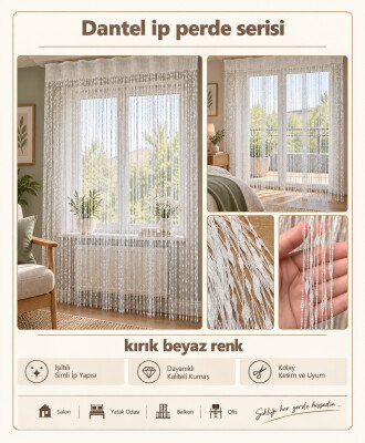İP PERDE ÖZEL SERİ DANTEL KIRIK BEYAZ RENK (100 * 300) KORNİŞ VE RUSTİK KULLANIM - 3