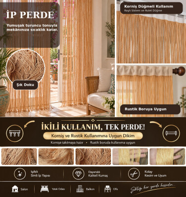 İP PERDE ÖZEL SERİ İNCE ZİNCİR AÇIK TURUNCU RENK (100 * 300) KORNİŞ VE RUSTİK KULLANIMLI - AKÇA TEKSTİL