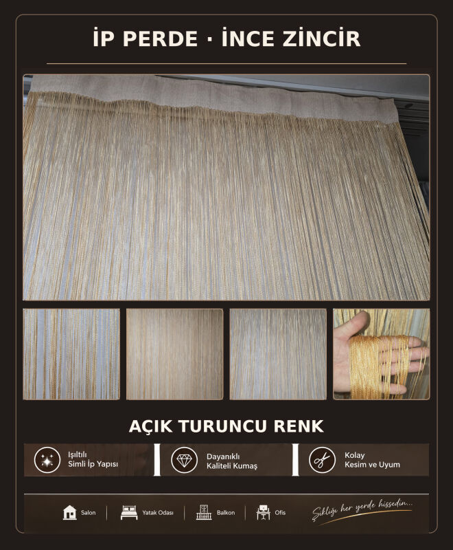 İP PERDE ÖZEL SERİ İNCE ZİNCİR AÇIK TURUNCU RENK (100 * 300) KORNİŞ VE RUSTİK KULLANIMLI - 2