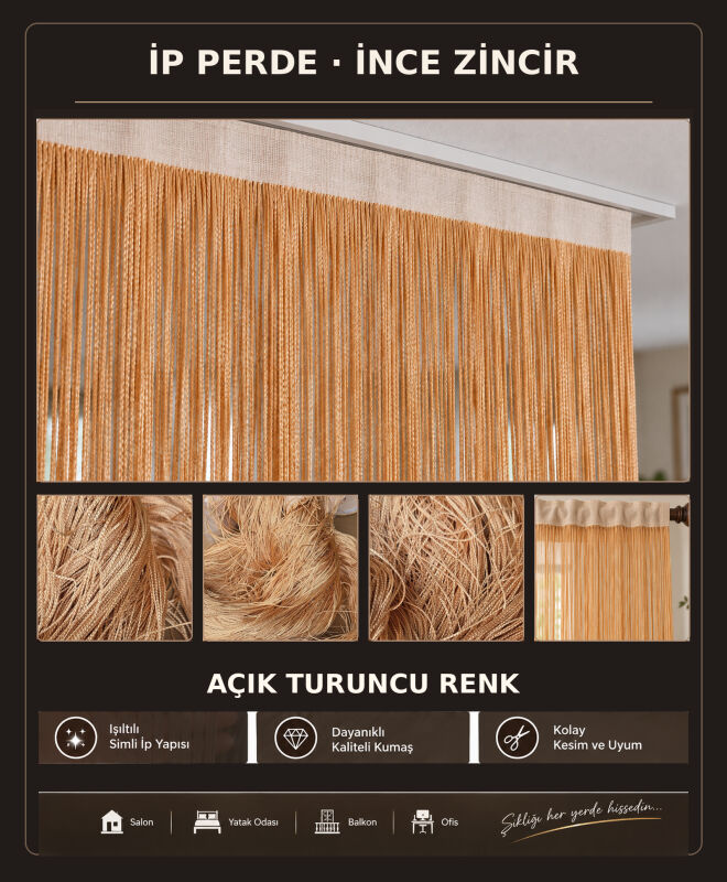 İP PERDE ÖZEL SERİ İNCE ZİNCİR AÇIK TURUNCU RENK (100 * 300) KORNİŞ VE RUSTİK KULLANIMLI - 3