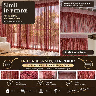 İP PERDE ÖZEL SERİ İNCE ZİNCİR ALTIN SİMLİ KIRMIZI RENK (100 * 300) KORNİŞ VE RUSTİK KULLANIMLI - AKÇA TEKSTİL