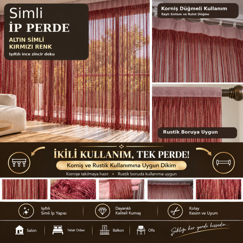 İP PERDE ÖZEL SERİ İNCE ZİNCİR ALTIN SİMLİ KIRMIZI RENK (100 * 300) KORNİŞ VE RUSTİK KULLANIMLI - 1