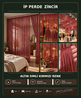 İP PERDE ÖZEL SERİ İNCE ZİNCİR ALTIN SİMLİ KIRMIZI RENK (100 * 300) KORNİŞ VE RUSTİK KULLANIMLI - 2