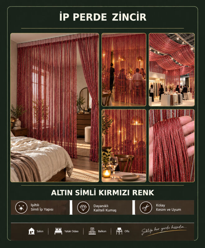 İP PERDE ÖZEL SERİ İNCE ZİNCİR ALTIN SİMLİ KIRMIZI RENK (100 * 300) KORNİŞ VE RUSTİK KULLANIMLI - 2