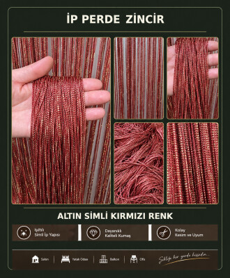 İP PERDE ÖZEL SERİ İNCE ZİNCİR ALTIN SİMLİ KIRMIZI RENK (100 * 300) KORNİŞ VE RUSTİK KULLANIMLI - 3