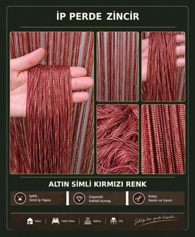İP PERDE ÖZEL SERİ İNCE ZİNCİR ALTIN SİMLİ KIRMIZI RENK (100 * 300) KORNİŞ VE RUSTİK KULLANIMLI - 3
