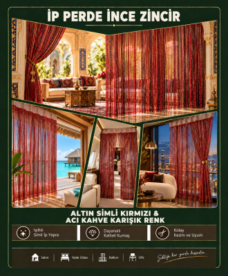 İP PERDE ÖZEL SERİ İNCE ZİNCİR ALTIN SİMLİ KIRMIZI+ACI KAHVE KARIŞIK RENKLER (100 * 300)&(K+R) - 2