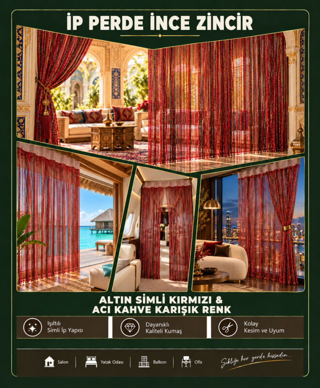 İP PERDE ÖZEL SERİ İNCE ZİNCİR ALTIN SİMLİ KIRMIZI+ACI KAHVE KARIŞIK RENKLER (100 * 300)&(K+R) - 2