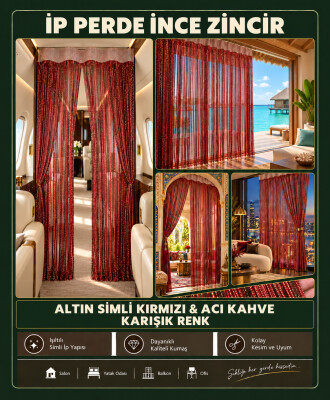 İP PERDE ÖZEL SERİ İNCE ZİNCİR ALTIN SİMLİ KIRMIZI+ACI KAHVE KARIŞIK RENKLER (100 * 300)&(K+R) - 3