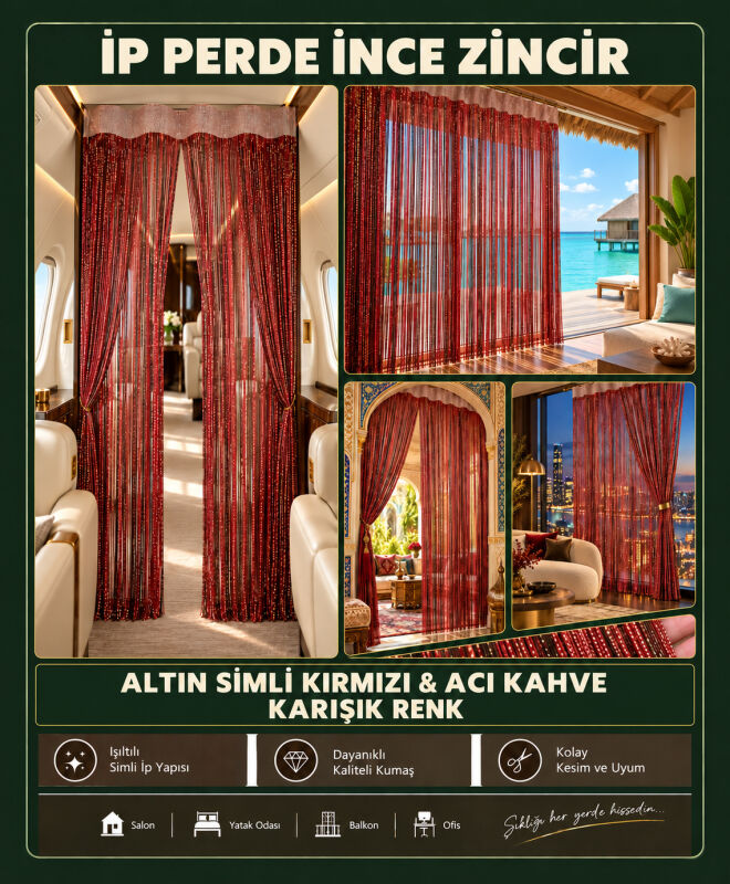 İP PERDE ÖZEL SERİ İNCE ZİNCİR ALTIN SİMLİ KIRMIZI+ACI KAHVE KARIŞIK RENKLER (100 * 300)&(K+R) - 3