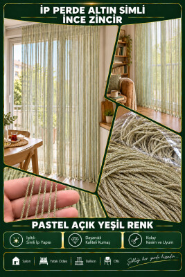 İP PERDE ÖZEL SERİ İNCE ZİNCİR ALTIN SİMLİ PASTEL AÇIK YEŞİL RENK (100 * 300) KORNİŞ VE RUSTİK KULLANIM - 2