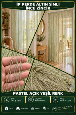 İP PERDE ÖZEL SERİ İNCE ZİNCİR ALTIN SİMLİ PASTEL AÇIK YEŞİL RENK (100 * 300) KORNİŞ VE RUSTİK KULLANIM - 3