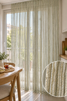 İP PERDE ÖZEL SERİ İNCE ZİNCİR ALTIN SİMLİ PASTEL AÇIK YEŞİL RENK (100 * 300) KORNİŞ VE RUSTİK KULLANIM - 4