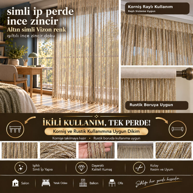 İP PERDE ÖZEL SERİ İNCE ZİNCİR ALTIN SİMLİ VİZON RENK (100 * 300) KORNİŞ VE RUSTİK KULLANIM - 1
