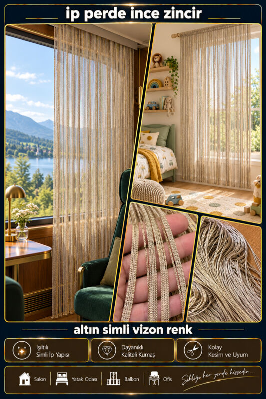 İP PERDE ÖZEL SERİ İNCE ZİNCİR ALTIN SİMLİ VİZON RENK (100 * 300) KORNİŞ VE RUSTİK KULLANIM - 2