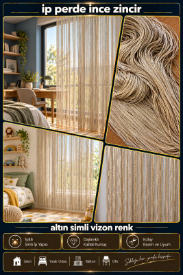 İP PERDE ÖZEL SERİ İNCE ZİNCİR ALTIN SİMLİ VİZON RENK (100 * 300) KORNİŞ VE RUSTİK KULLANIM - 3