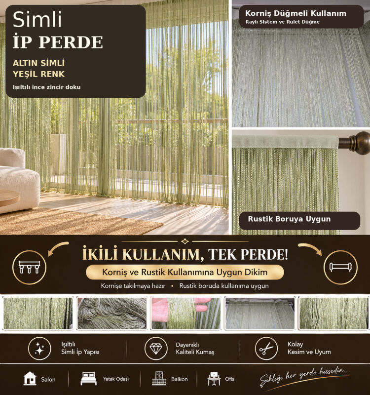 İP PERDE ÖZEL SERİ İNCE ZİNCİR ALTIN SİMLİ YEŞİL RENK (100 EN 300 BOY) KORNİŞ VE RUSTİK KULLANIMLI - 1