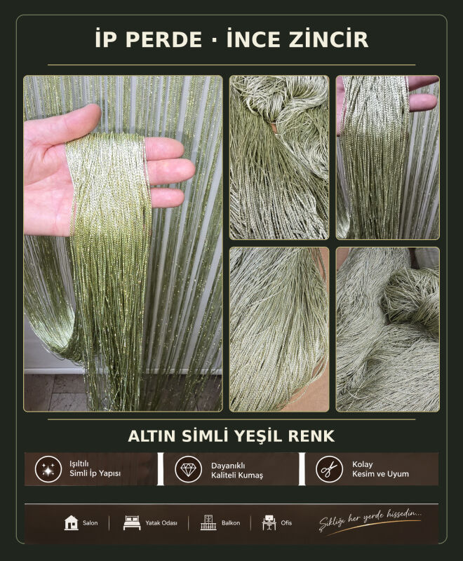 İP PERDE ÖZEL SERİ İNCE ZİNCİR ALTIN SİMLİ YEŞİL RENK EN 100 CM BOY 300 CM - 1