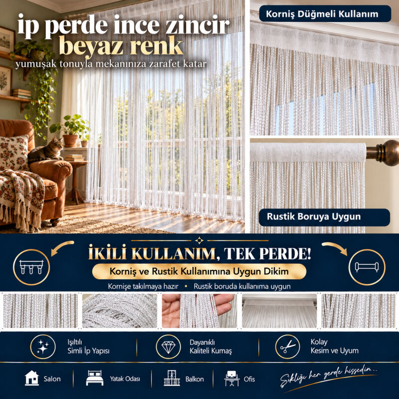 İP PERDE ÖZEL SERİ İNCE ZİNCİR BEYAZ EN 100 CM BOY 300 CM KORNİŞ VE RUSTİK KULLANIMLI - 1