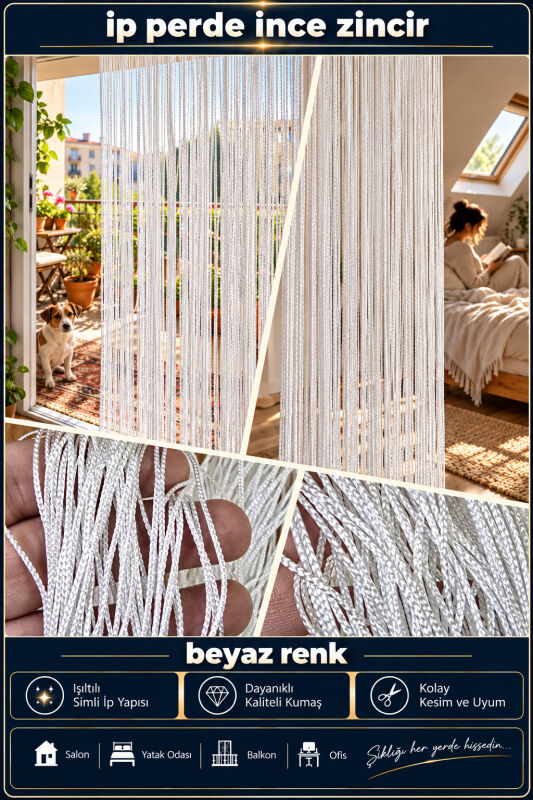 İP PERDE ÖZEL SERİ İNCE ZİNCİR BEYAZ EN 100 CM BOY 300 CM KORNİŞ VE RUSTİK KULLANIMLI - 2