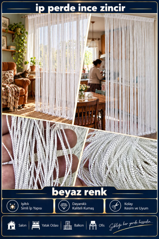 İP PERDE ÖZEL SERİ İNCE ZİNCİR BEYAZ EN 100 CM BOY 300 CM KORNİŞ VE RUSTİK KULLANIMLI - 3