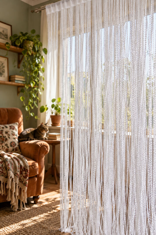 İP PERDE ÖZEL SERİ İNCE ZİNCİR BEYAZ EN 100 CM BOY 300 CM KORNİŞ VE RUSTİK KULLANIMLI - 5