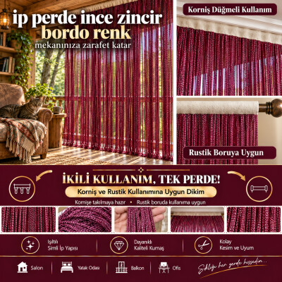 İP PERDE ÖZEL SERİ İNCE ZİNCİR BORDO RENK (KORNİŞ+RUSTİK) EN 100 CM BOY 300 CM - AKÇA TEKSTİL