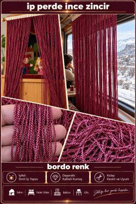 İP PERDE ÖZEL SERİ İNCE ZİNCİR BORDO RENK (KORNİŞ+RUSTİK) EN 100 CM BOY 300 CM - 3