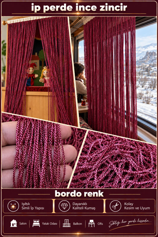 İP PERDE ÖZEL SERİ İNCE ZİNCİR BORDO RENK (KORNİŞ+RUSTİK) EN 100 CM BOY 300 CM - 3